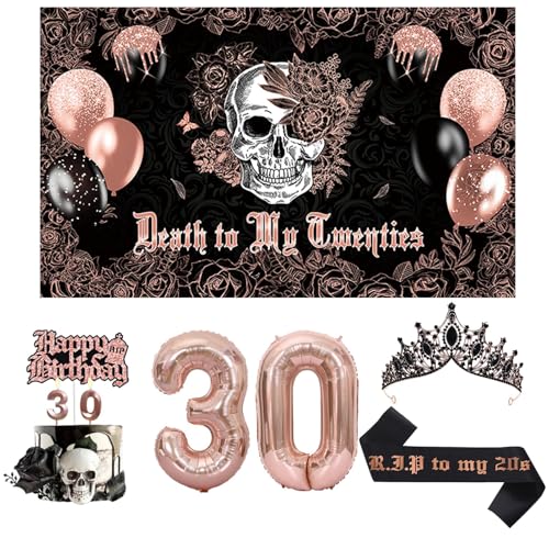 Crenics Rose Gold und Schwarz Death to My 20s Dekorationen - Death to My Twenties Hintergrund 30. Geburtstag Schärpe & Krone und Tortenaufsatz für Sie 30 Geburtstag Party Supplies von Crenics