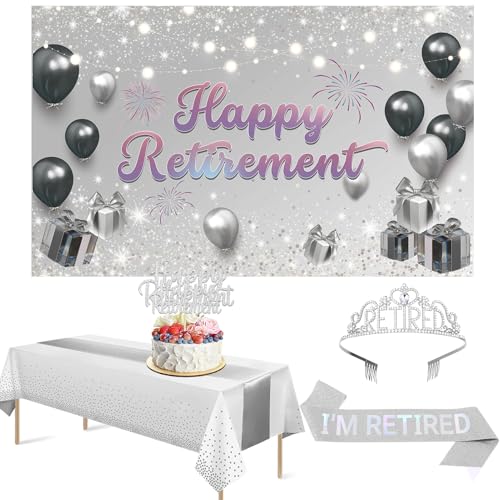 Crenics Silber Ruhestand Party Dekorationen für Frauen - Happy Retirement Hintergrund Banner, Ruhestand Schärpe und Diadem, Tischdecke und Tortenaufsatz für Ruhestand Party Supplies von Crenics