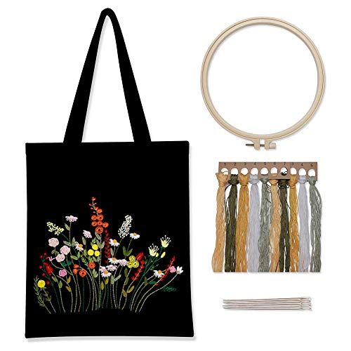 Stickerei Starter Set, Tote Bag Stickerei Starter Kit mit Blumenmuster Pflanzen und Anleitung Kreuzstich Starter Tools Kit Kreuzstich Werkzeug Set für DIY Kunst, Handwerk, Nähen, C von Creperture