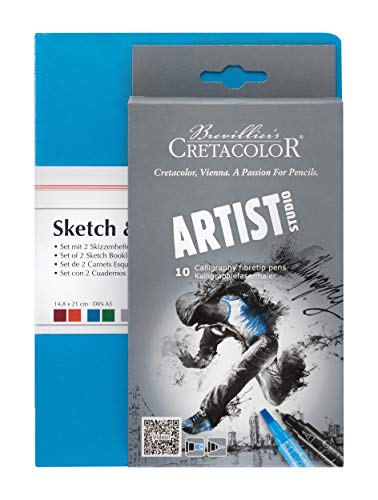 Set Skizzenhefte 'Sketch & Note' blau/grün + ASL Kalligraphiefasermaler von Cretacolor