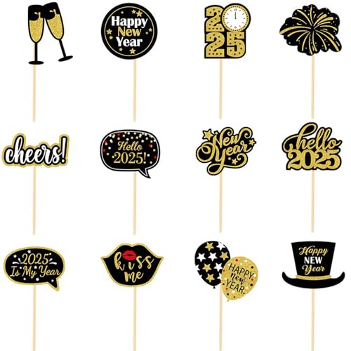 12 Stück Frohes Neues Jahr Cupcake-Topper 2025 Glitzernde Cupcake-Dekorationen Cheers-Kuchen-Topper Schwarze Goldene Cupcake-Topper Papier für Mädchen Kinder Männer Weihnachten Frohes Geburtstagsparty von Cretvestsar