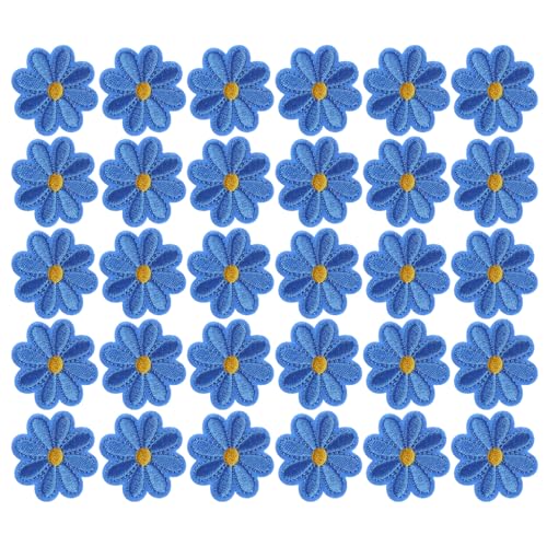 30 Stück Blumen Bügelbilder Gänseblümchen bestickte Applikationen Reparatur Flicken DIY Blau Nähen auf Patches Niedliche Transfers Stitch Patches für Lothes Jacken Jeans Rucksäcke Dekoration Kleidung von Cretvestsar