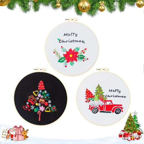 4 Teiliges Weihnachtliches 3D Stickset Mit Stickrahmen Stickrahmen Set Stickset Anfänger Für Bastelbegeisterte Stickliebhaber Heimwerker Heimdekorateure Familien Erwachsene Teenager Senioren (B) von Cretvestsar