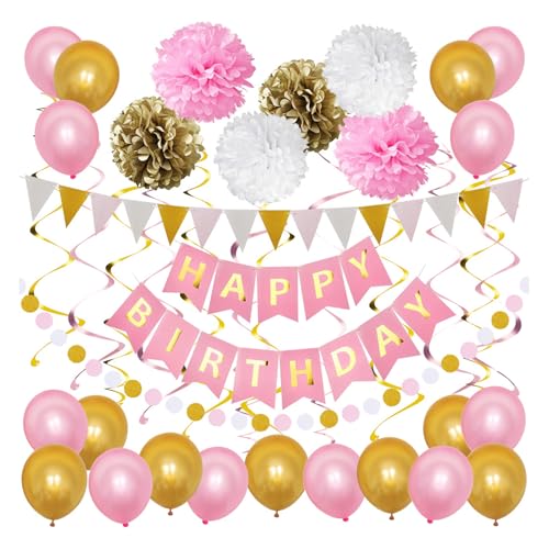 Happy Geburtstagspartys Dekorationsset Hochwertige Luftschlangen Papier Wabendekoration Pompons Rundes Banner glitzernde Dreiecksflagge Wimpelkette Latexballon Hintergrundornament (Rosé Gold) von Cretvestsar