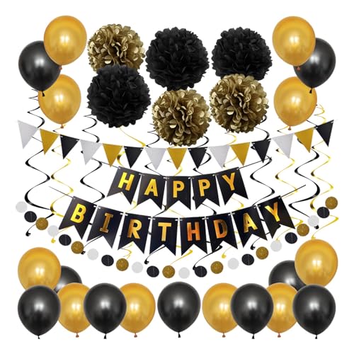 Happy Geburtstagspartys Dekorationsset Hochwertige Luftschlangen Papier Wabendekoration Pompons Rundes Banner glitzernde Dreiecksflagge Wimpelkette Latexballon Hintergrundornament (Schwarzes Gold) von Cretvestsar