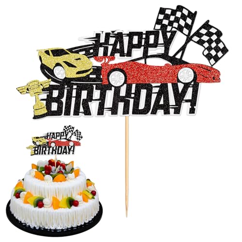 Rennwagen-Kuchenaufsätze, Rennauto-Kuchendekorationen, Happy Birthday-Party, Kuchendekoration, karierte Flagge, Glitzer, Kuchenaufsätze, Papier, Cupcake-Topper für Mädchen, Kinder, Männer, Babyparty, von Cretvestsar