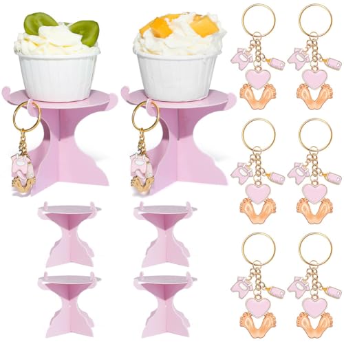 Crevyteg Mini-Kuchenständer mit Schlüsselanhänger-Set, Fußabdruck, Schlüsselanhänger, Geschenke, Cupcake-Halter, Servierplatte für Babyparty, Babyparty, Party, Rosa, 12 Stück von Crevyteg