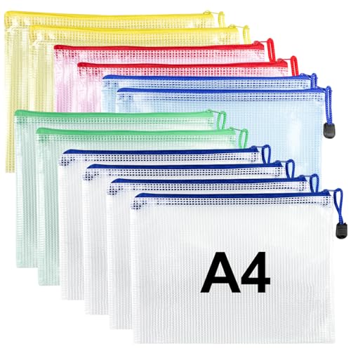 Crihovy 12 Pcs Dokumententasche mit Reißverschluss A4, Wasserdichte Document Case, Mesh Plastic Zip Bag, Reißverschlusstasche, Zipper Pockets für Datei,Papier, Quittungen, Kosmetika, 5 Farben von Crihovy