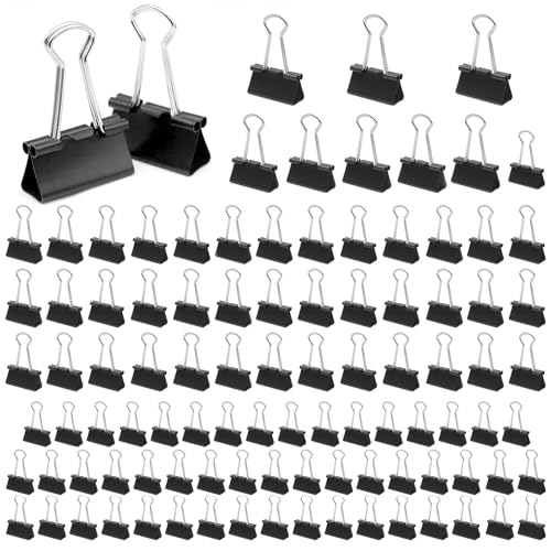 100 Stück Foldback Klammern, 15mm/19mm/25mm/32mm Foldbackklammer, Binder Clips aus metall, Büroklammern Vielzweckklammern für Bürobedarf, Briefpapier Papier (Schwarz) von Criveple