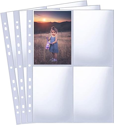 30 Pack 120 Taschen A4 Foto Hüllen für A4 2/3/4 Ringbuch, Transparente Postkartenhüllen, 4 Fächer, Doppelseitiger Taschen Foto Seitenschutz, Top Loading Fotoalbum Nachfüllseiten von Criveple