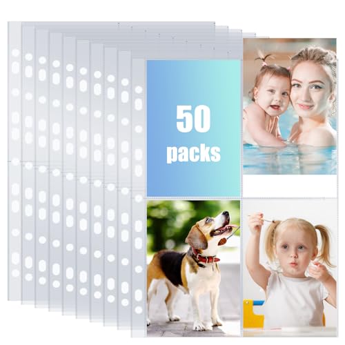 50 Pack 400 Taschen A4 Foto Hüllen für A4 2/3/4 Ringbuch, Transparente Postkartenhüllen, 4 Fächer, Doppelseitiger Taschen Foto Seitenschutz, Top Loading Fotoalbum Nachfüllseiten (10.5 x 15.3 cm) von Criveple