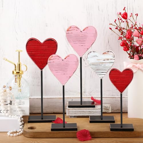 CroBlissful 5 Stück Valentinstag Holz Hoch Stehblock Set Valentines Herzform Schild Rustikales Herz Stehtischplatte Herzform Stehtisch Schild für Zuhause abgestuftes Tablett Party Dekor von CroBlissful