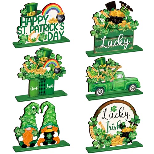 CroBlissful 6 Stück St. Patrick's Day Tischdekorationen aus Holz, irische Tischaufsätze, Patrick's Day Kleeblatt, Auto-Zwerg, Tischschilder, Patrick-Dekorationen für Zuhause, gestufte von CroBlissful