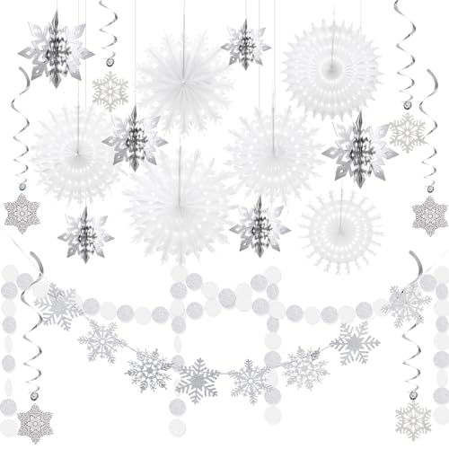 CroBlissful Winter Weihnachten hängende Schneeflocke Dekorationen 3D weißes Papier hängende Schneeflocke Papierfächer Girlande Banner für Winter Xmas Wonderland Party Dekoration Indoor Outdoor von CroBlissful