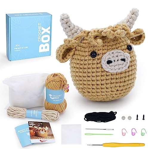CrochetBox Komplettes Häkelset für Anfänger – Hochlandkuh Häkelset, inklusive Video-Tutorial, Anleitung, weichem Garn, Geburtstagsgeschenk für Erwachsene. von CrochetBox