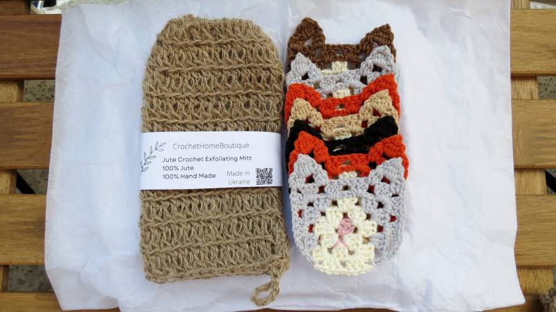 Natürliches Jute Exfoliating Mitt Cat Face Scrubbies Set Wiederverwendbar Baumwolle Makeup Remouver Spa Scrubber Handschuh Waschlappen Biologisch von CrochetHomeBoutique