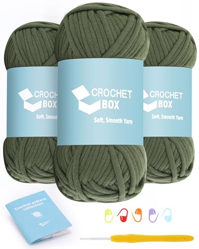 CrochetBox Garn zum Häkeln und Stricken – 3 Stück Baumwoll-Nylon-Mischgarn, Armeegrün, 50 g, 45 Meter, leicht zu sehende Stiche, splittert nicht, Anfängerfreundlich von Crochetbox