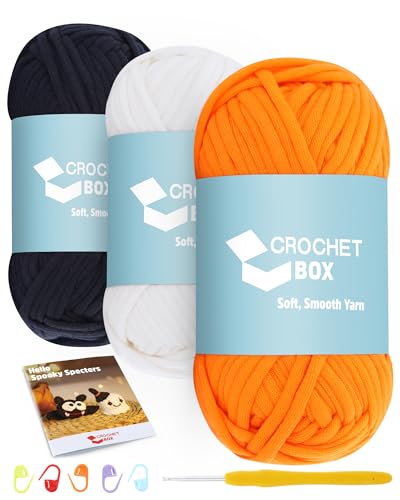 CrochetBox Garn zum Häkeln und Stricken – 3 Stück Baumwoll-Nylon-Mischgarn, Schwarz, Naturweiß, Orange, 50 g, 45 m, leicht zu sehen, Stiche, splittert nicht, Anfängerfreundlich von Crochetbox