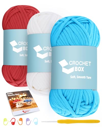 CrochetBox Garn zum Häkeln und Stricken – 3 Stück Baumwoll-Nylon-Mischgarn, blau, naturweiß, rot, 50 g, 45 m, leicht zu sehende Stiche, splittert nicht, Anfängerfreundlich von Crochetbox