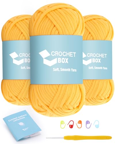 CrochetBox Garn zum Häkeln und Stricken – 3 Stück Baumwoll-Nylon-Mischgarn, goldgelb, 50 g, 45 Meter, leicht zu sehende Stiche, splittert nicht, für Anfänger geeignet von Crochetbox