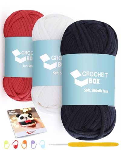 CrochetBox Garn zum Häkeln und Stricken – 3 Stück Baumwoll-Nylon-Mischgarn, schwarz, naturweiß, rot, 50 g, 45 m, leicht zu sehende Stiche, splittert nicht, Anfängerfreundlich von Crochetbox