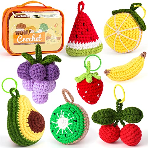 Crochetobe Häkelfrüchte-Set – Basteln Sie Ihre eigenen 8-teiligen Obst-Häkel-Schlüsselanhänger, Häkelset für Anfänger mit Schritt-für-Schritt-Anleitung und Video-Tutorials, Häkel-Starter-Set für von Crochetobe