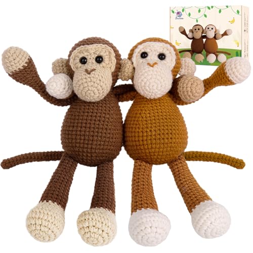 Crochetta Häkelset für Anfänger, Häkel-Starter-Sets mit Schritt-für-Schritt-Video-Tutorials, Häkeltier-Set für Erwachsene und Kinder, DIY-Strickzubehör, Affen-Amigurumi-Geschenk (40 % + Garn), MK002 von Crochetta