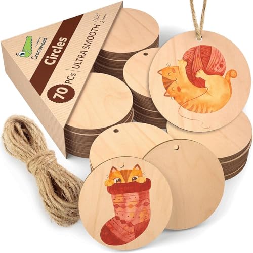 Crocowood 70 St Blanko Holzscheiben mit Loch - 4cm Rund Holzscheiben zum Basteln Bemalte Holzkreise - Unbehandelte Holzplättchen Rund für Streudeko & Weihnachten - Holz Basteln Holzscheibe Rund von Crocowood