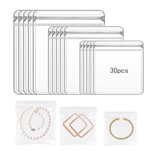 Croshuki 30 Stück, 3 Größen, quadratisch, transparent, Schmuck-Organizer, Ohrringe, Ringe, Halsketten, Aufbewahrungstaschen, Reisen, Anlaufschutz, Schmuck (nur Taschen) von Croshuki