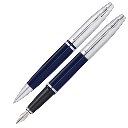 Cross Calais Kugelschreiber und Füllfederhalter Geschenkset (Strich- bzw. Federstärke M, Schreibfarbe schwarz) Blau Lack Chrom von Cross