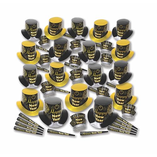 Silvester-Party-Zubehör 2025 für 100 I schwarze und goldene Zylinderhüte Diademe und Geräuschmacher Partygeschenke I 2025 Neujahrsdekorationen Happy New Year Dekorationen 2025 Bulk Party Favors von Crown Display