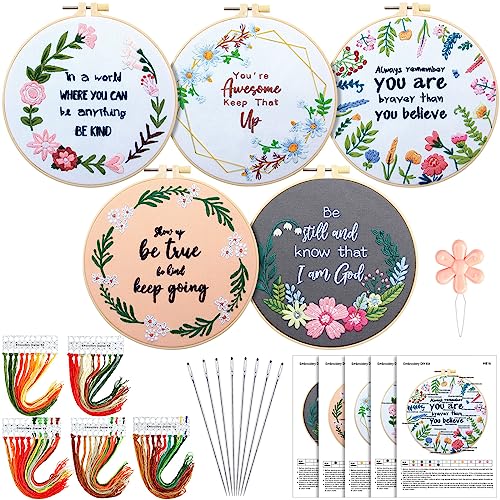 Crowye 5 Sets inspiriertes Zitat-Stickset für Anfänger und Erwachsene, motivierendes Stickerei-Starter-Set, florales Kreuz, gestempelt, Nadelspitzen-Set, Stickrahmen, Fadennadeln für Erwachsene, von Crowye