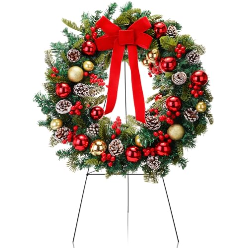 Crowye 2 Stück 60 cm Weihnachten Gedenkkranz Friedhofskranz für Gräber mit 76,2 cm Kranz Staffelei Ständer Friedhofskranz Ständer Xmas Grabstein Kranz Grabkranz Outdoor Weihnachtsdekoration von Crowye