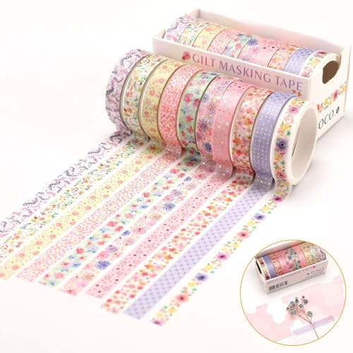 10 Rollen Washi Tape, Dünn Folie Gold Schöne Blumen Washi Tape Set Dekoratives Klebeband für Scrapbooking, Dekoratives Goldstempelband Geschenkverpackung Urlaubsdekoration Bullet Journal Masking Tape von Crrynuo