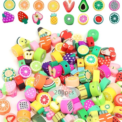 200 StüCk Obst Perlen Zum AuffäDeln, Polymer Clay Beads FrüChte Weiche Keramik Beads Obst Armband Perlen Schmuck Diy Armband Halskette Ohrringe ZubehöR Zur Herstellung Von Halskettenschmuck von Crrynuo