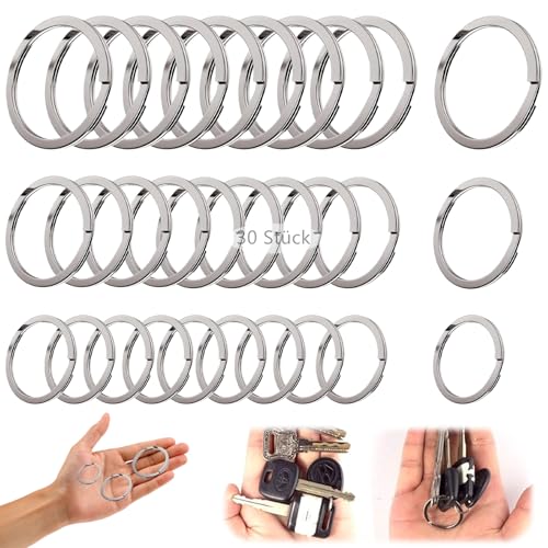 30 Stück Flach Edelstahl Schlüsselringe, Runde flache Ringe Set 3 Größen (20mm 25mm 30mm) von DIY Schlüsselanhänger Ring Metall Split Ring Stahl für Schlüssel und Handwerk von Crrynuo