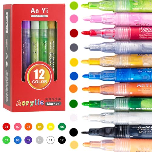 Crrynuo 12 Farben Acrylstifte Marker Stifte, Wasserfest Kinder Farbmarkierung Steine Bemalen Acrylstifte für Keramik, Glas, Holz Geschenkekarte, Fotoalbum DIY Scrapbook (1 mm) von Crrynuo