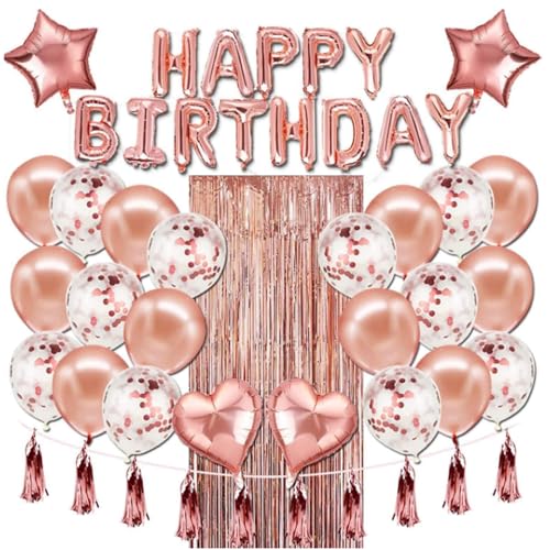 Rose Gold Geburtstag Party Dekorationen, 37 Stück Banner Herz Papier Latex Konfetti Kuchen Topper Folie Vorhang Junggesellenabschied Dekorationen Luftballons Happy Birthday Party Supplies von Crrynuo