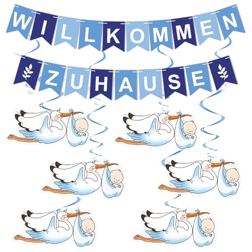 Willkommen Zuhause Baby Welcome Home,1 Satz Babyparty Deko Junge,mit 6 Stück Storch zur Geburt, für Draussen Herzlich Willkommen Girlande,Dekoration für Baby- & Kleinkinderzimmer Home Deko von Crrynuo