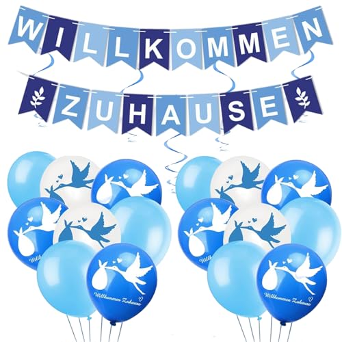 Willkommen Zuhause Welcome Home Baby, 1 Satz Babyparty Deko Junge, Vormontiert Herzlich Willkommen Girlande,mit 6 Stück Storch zur Geburt,Dekoration für Baby- & Kleinkinderzimmer Home von Crrynuo