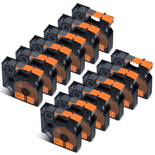 Cruxer 12er-Packung Kompatibel für Dymo IND 18435 S0718490 A18435 Vinyl Etikettenband，Schwarz auf Orange 12mm x 5.5m Ersatz für Dymo Rhino 1000 4200 6000 LabelWriter 450 Duo ILP 219 3M PL150 3M PL300 von Cruxer