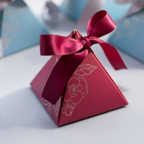 Crysdaralovebi Neue Dreieckige Pyramide Süßigkeiten Box Hochzeit Rose Papier Geschenkboxen mit Karte & Band Süßigkeiten Taschen für Gäste Schokolade Verpackung Box (Rot, 50pcs) von Crysdaralovebi