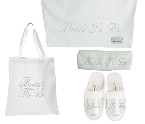 4er-Set von Varsany mit glitzernder Braut-Tasche, Hausschuhe, Handtuch und Haarband für Flitterwochen und Junggesellinnenabschied Bride to Be von Varsany