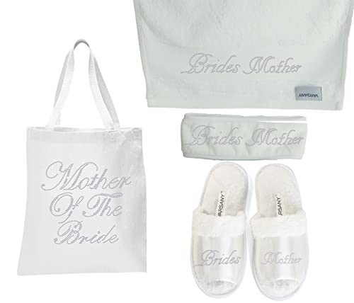 4er-Set von Varsany mit glitzernder Braut-Tasche, Hausschuhe, Handtuch und Haarband für Flitterwochen und Junggesellinnenabschied Mother of the Bride von Varsany