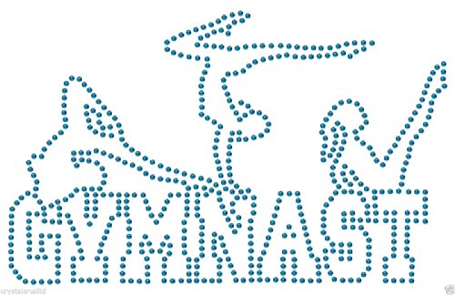 Bügelbild/Aufnäher, Applikation, Motiv: 3 Turnerinnen und Schriftzug „Gymnast“ aus Strasssteinen, T-Shirt-Verzierung blau von CrystalsRus