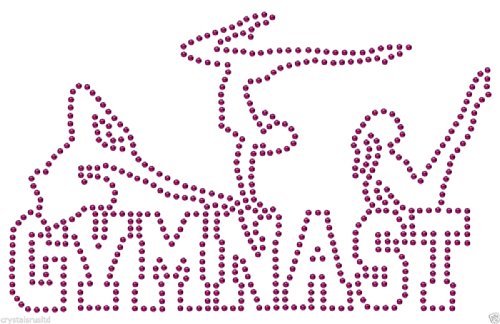 Bügelbild/Aufnäher, Applikation, Motiv: 3 Turnerinnen und Schriftzug „Gymnast“ aus Strasssteinen, T-Shirt-Verzierung hot pink von CrystalsRus