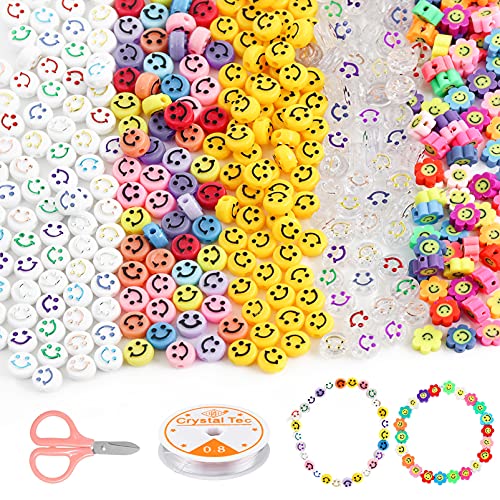 Crzyplea Smiley Blume Perlen,500 Stück Mischfarbe Acryl Happy Face Perlen,Perlen Smiley,Bunt Smiley Blumen Perlen,Gemischte Farben Smiley Perlen,Blumen Perlen,DIY Armband Perlen von Crzyplea