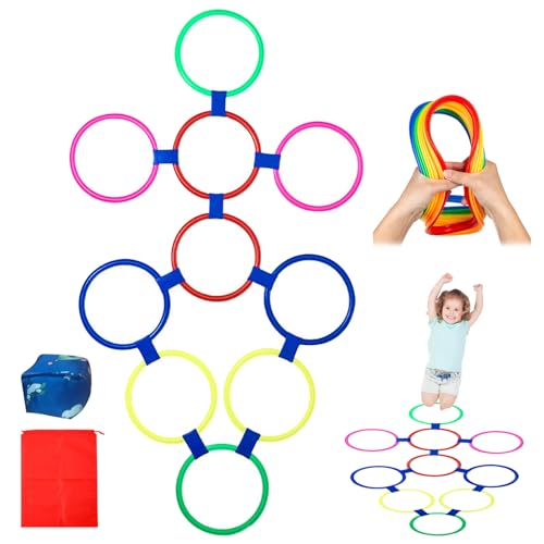 Csafyrt Hopscotch-Ringe Spiel 10pcs Round Hopscotch-Ringe mit Bohnensack-Wurf 15-Zoll-Multi-Farben-Ringen Hinderniskurs von Csafyrt