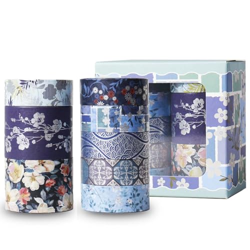 Ctpeng Blumenmuster Washi Klebeband Set - 8 Rollen, Blau, 4m Länge, 1.5cm-3cm Breite, für Bullet Journals,Planer und mehr Geschenkverpackung Aufkleber Handwerk, DIY, Scrapbooking Dekoration von Ctpeng