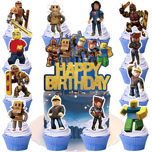 Ctxtqtdt 25 Stück Roblx Tortendeko Jungen, Roblx Kuchen Deko Kindergeburtstag, Cake Topper Set, Happy Birthday Topper für Kinder Geburtstag Party Kuchen Dekoration Supplies (A) von Ctxtqtdt